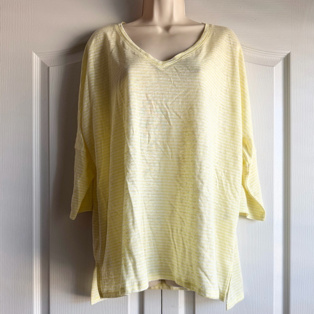 Chico’s Linen Stripe Drop Shoulder 3/4 Sleeve Top 3 - Picture 2 of 9